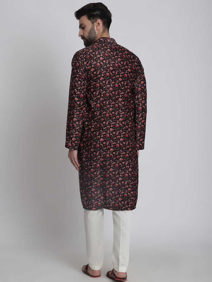 anokherang LKurtas Black Ethnic Printed Silk Men Kurta Pajama