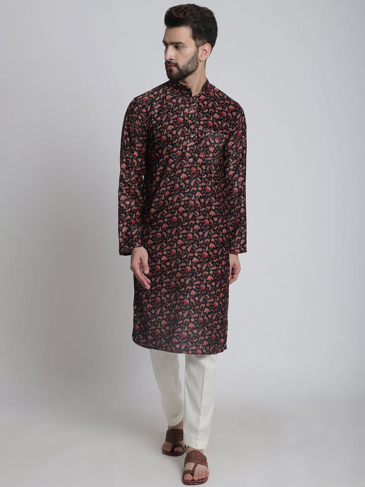 anokherang LKurtas Black Ethnic Printed Silk Men Kurta Pajama