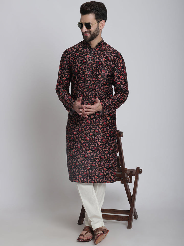 anokherang LKurtas Black Ethnic Printed Silk Men Kurta Pajama