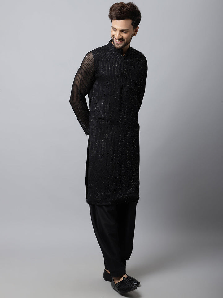 anokherang LKurtas Black Sequin Embroidered Kurta Salwaar with Silk Stole