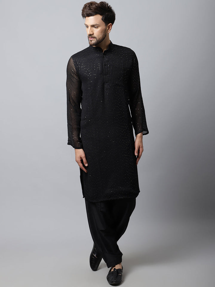 anokherang LKurtas Black Sequin Embroidered Kurta Salwaar with Silk Stole