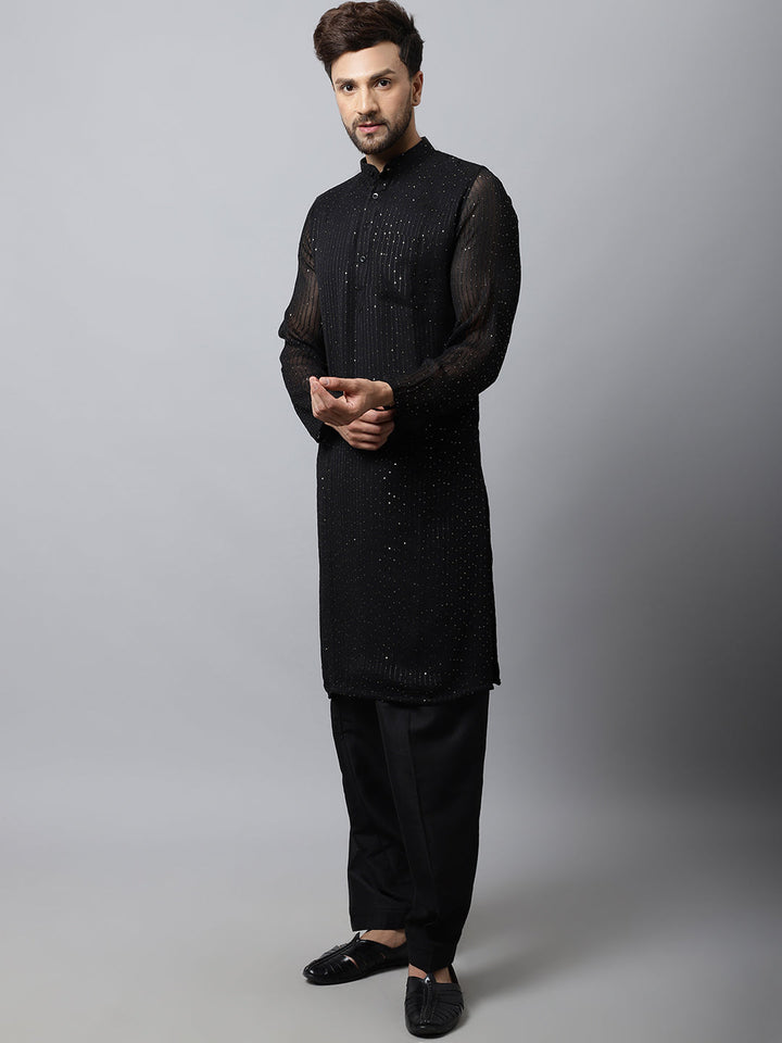 anokherang LKurtas Black Sequin Embroidered Kurta Salwaar with Silk Stole