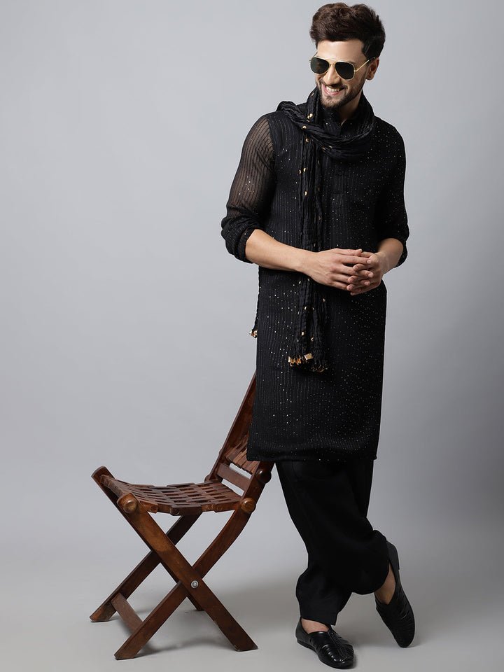 anokherang LKurtas Black Sequin Embroidered Kurta Salwaar with Silk Stole