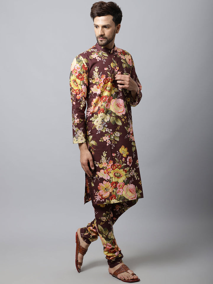 anokherang LKurtas Chocolate Brown Floral Mens Kurta Churidaar