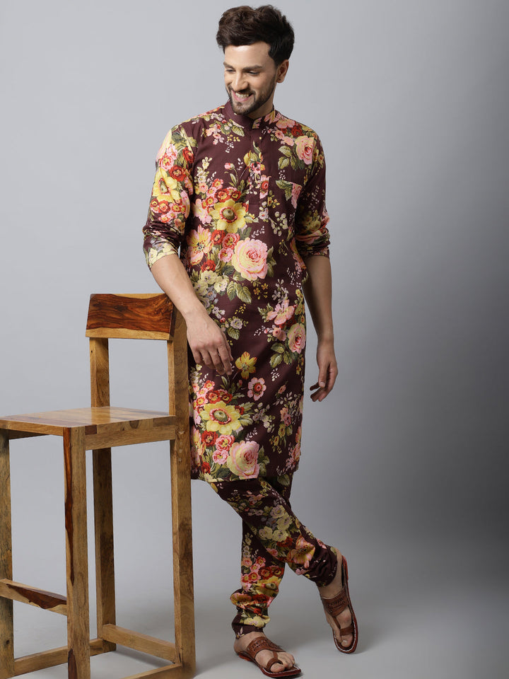 anokherang LKurtas Chocolate Brown Floral Mens Kurta Churidaar