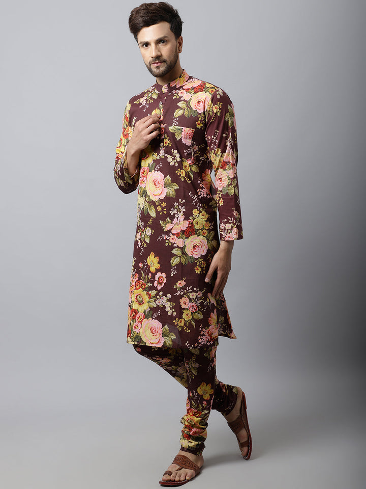 anokherang LKurtas Chocolate Brown Floral Mens Kurta Churidaar