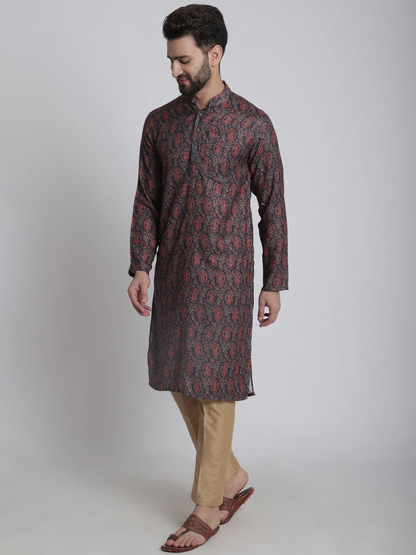 anokherang LKurtas Deep Blue Printed Silk Men Kurta