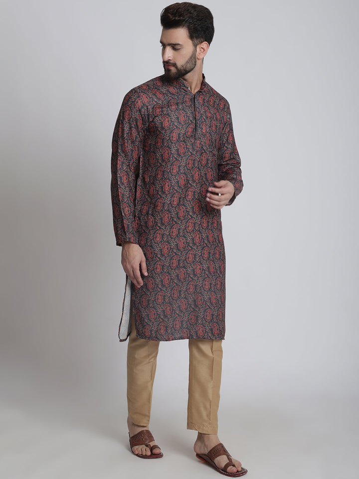 anokherang LKurtas Deep Blue Printed Silk Men Kurta