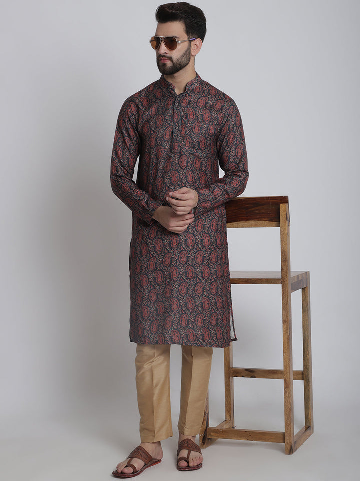 anokherang LKurtas Deep Blue Printed Silk Men Kurta