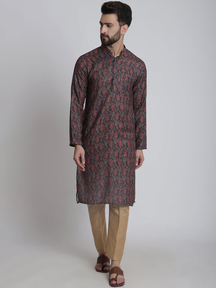 anokherang LKurtas Deep Blue Printed Silk Men Kurta