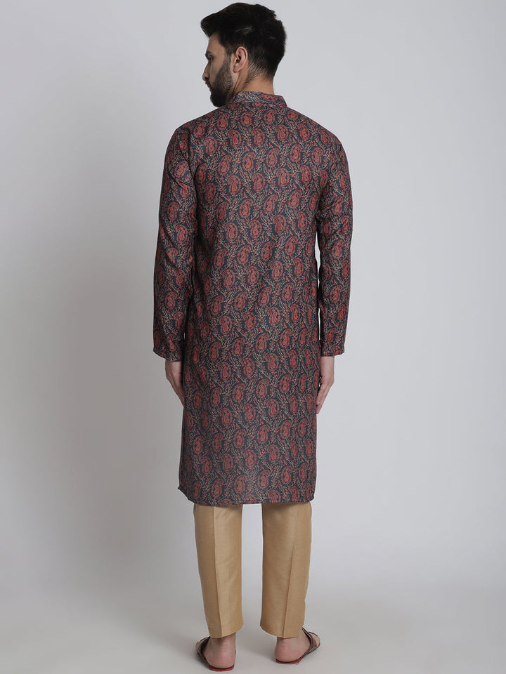 anokherang LKurtas Deep Blue Printed Silk Men Kurta