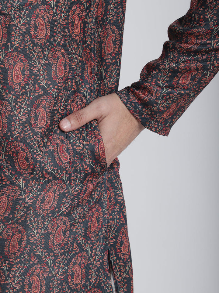 anokherang LKurtas Deep Blue Printed Silk Men Kurta
