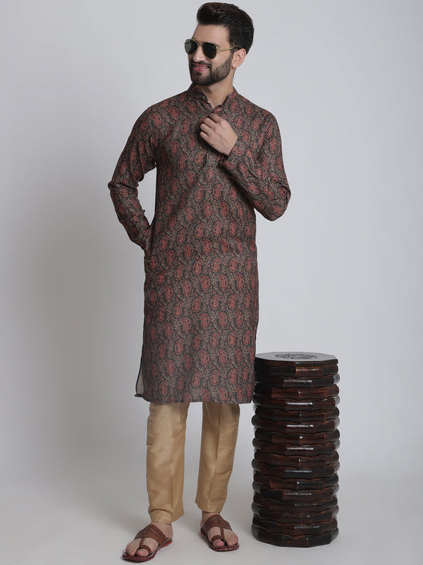 anokherang LKurtas Deep Green Printed Silk Men Kurta