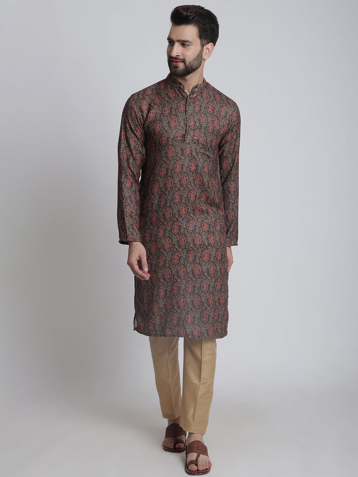 anokherang LKurtas Deep Green Printed Silk Men Kurta Pajama