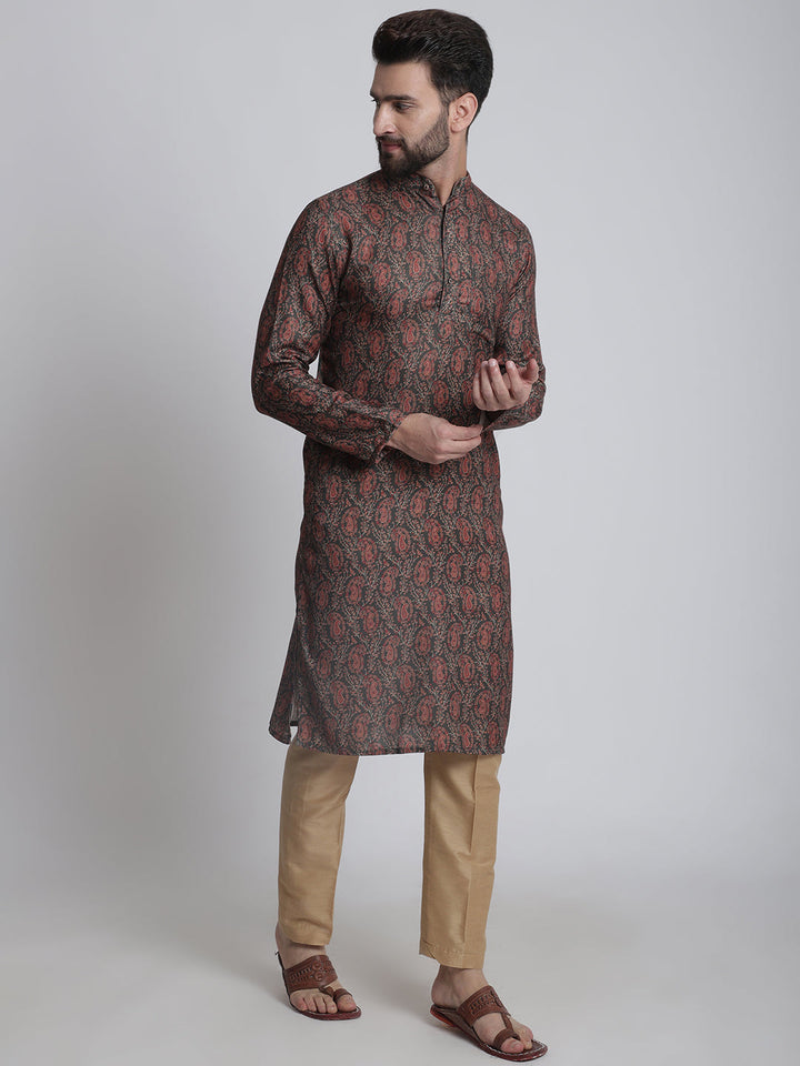 anokherang LKurtas Deep Green Printed Silk Men Kurta Pajama
