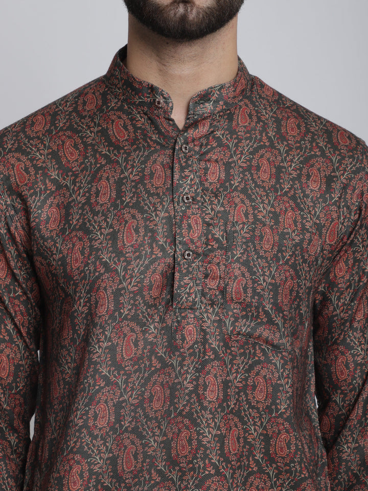 anokherang LKurtas Deep Green Printed Silk Men Kurta Pajama