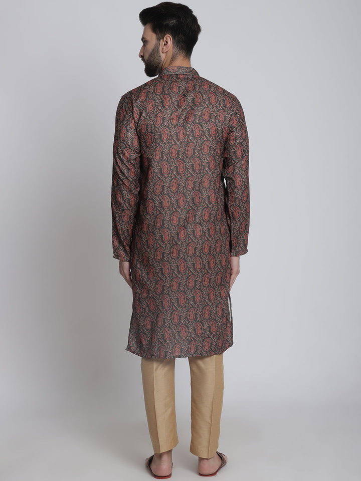 anokherang LKurtas Deep Green Printed Silk Men Kurta Pajama