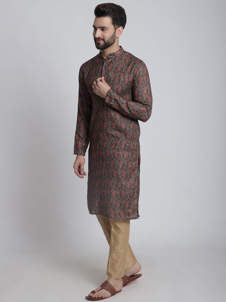 anokherang LKurtas Deep Green Printed Silk Men Kurta Pajama
