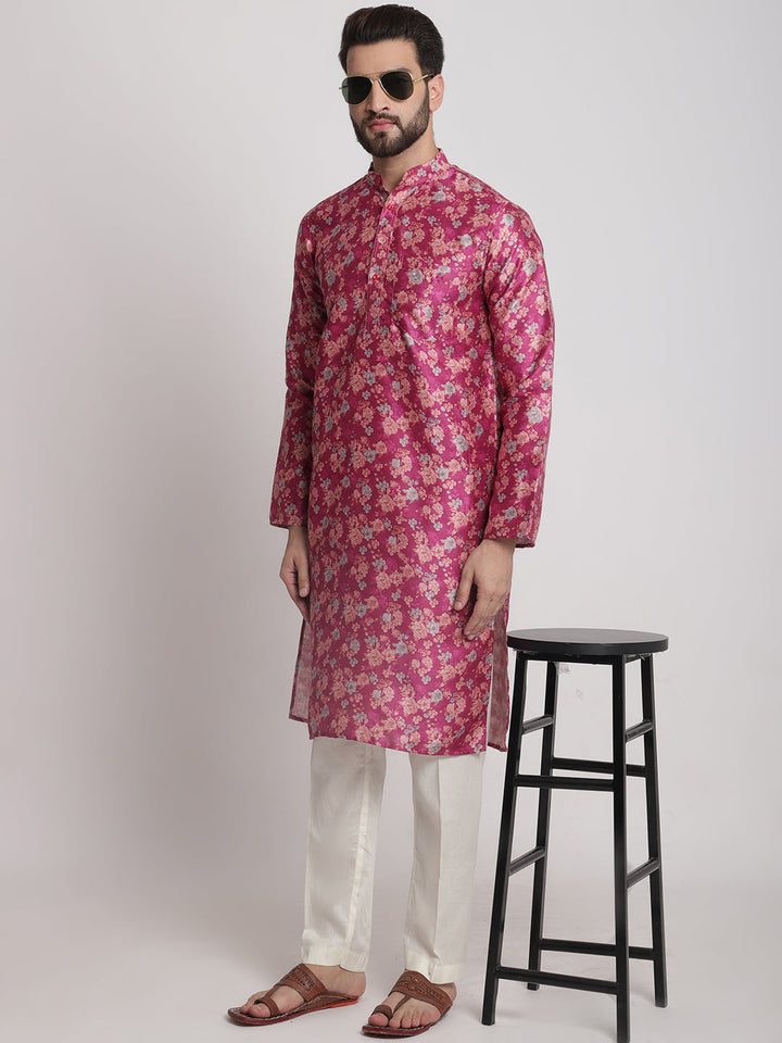 anokherang LKurtas Deep Mauve Printed Silk Men Kurta Pajama