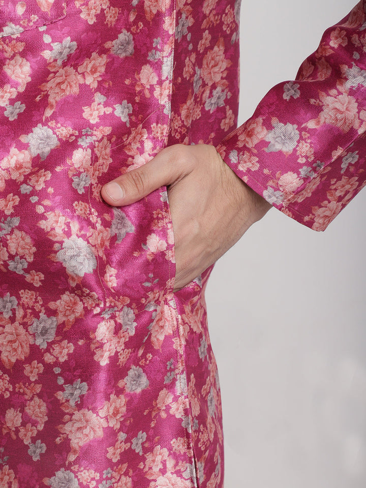 anokherang LKurtas Deep Mauve Printed Silk Men Kurta Pajama