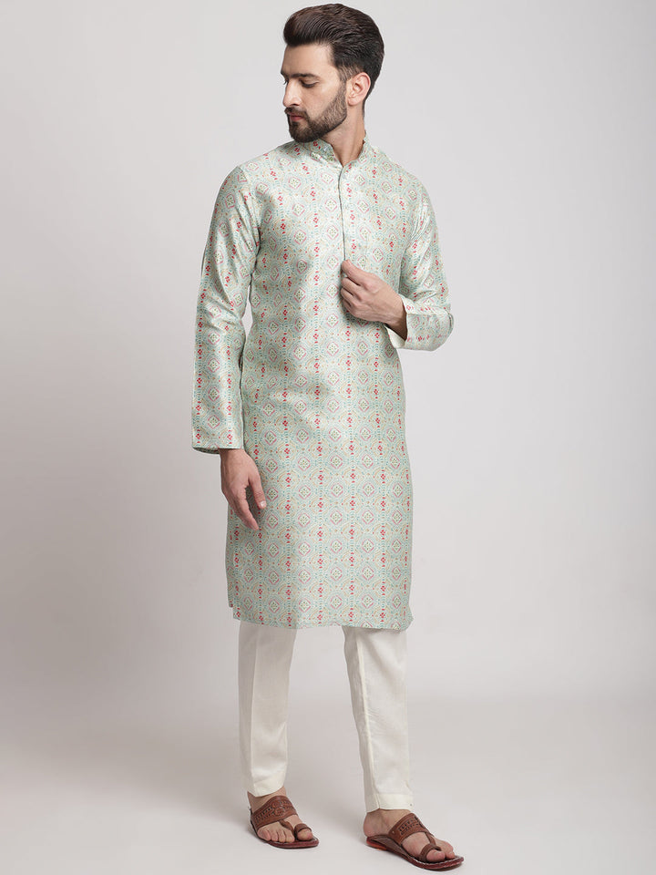 anokherang LKurtas Green Ethnic Printed Silk Men Kurta