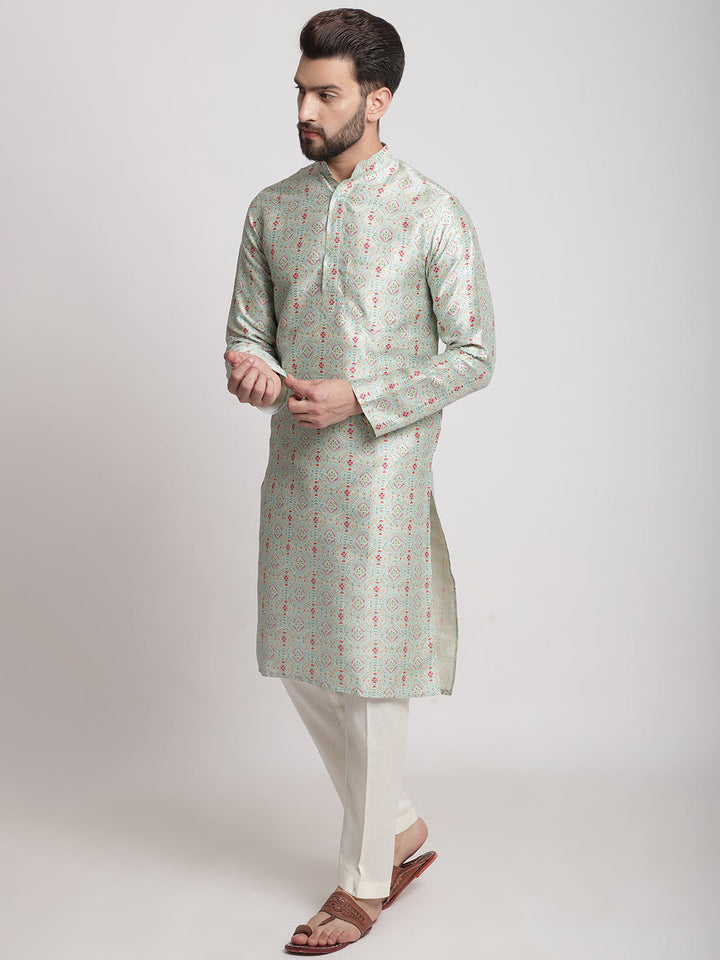 anokherang LKurtas Green Ethnic Printed Silk Men Kurta