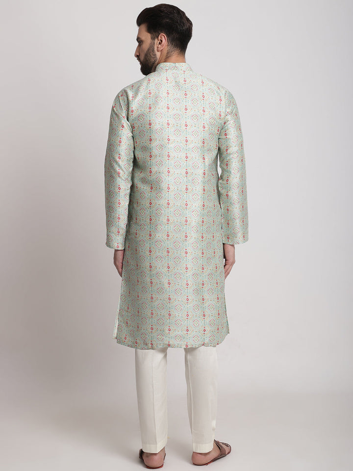 anokherang LKurtas Green Ethnic Printed Silk Men Kurta