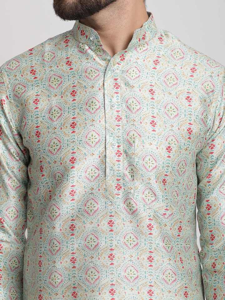 anokherang LKurtas Green Ethnic Printed Silk Men Kurta