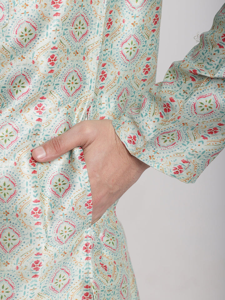 anokherang LKurtas Green Ethnic Printed Silk Men Kurta