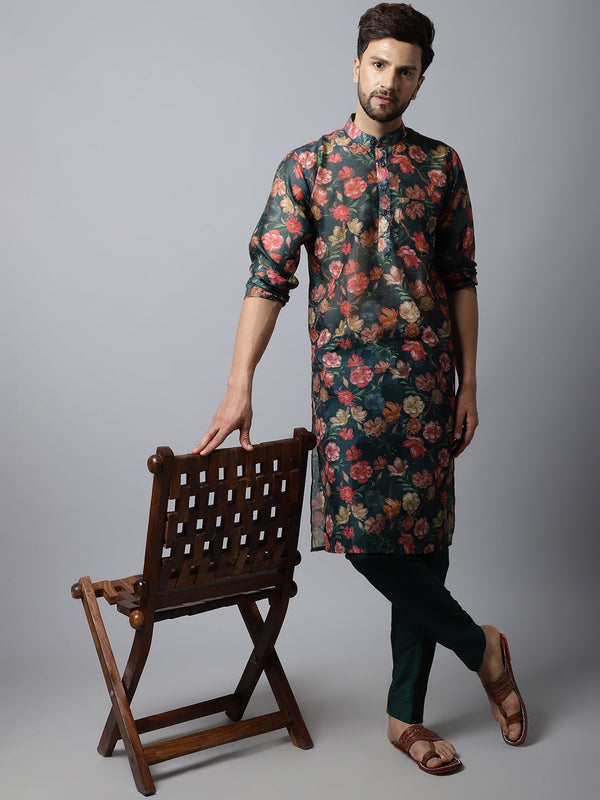 anokherang LKurtas Green Floral Printed Men Kurta Pajama Couple Matching Dress