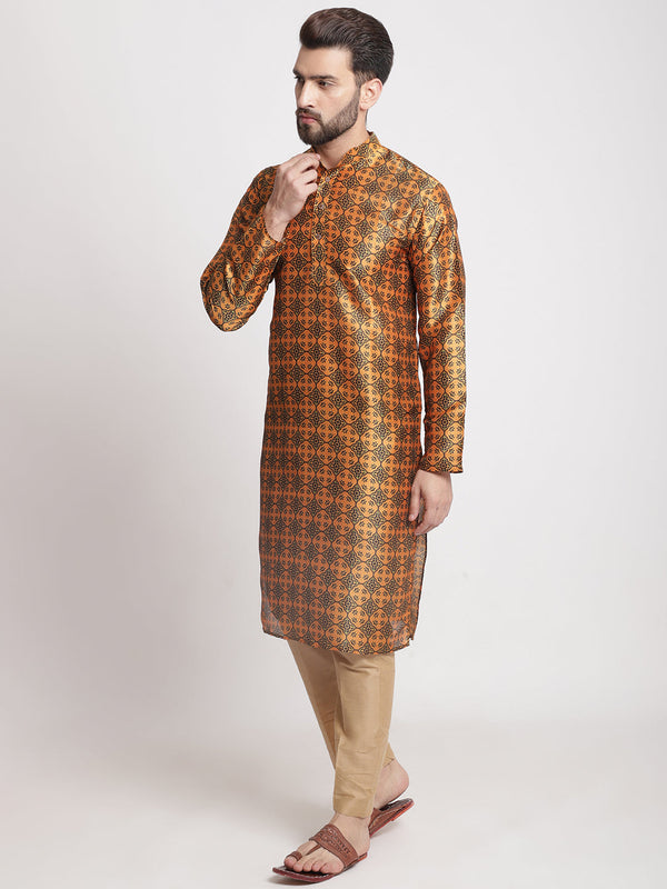anokherang LKurtas Mustard Printed Silk Men Kurta