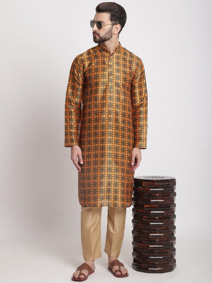 anokherang LKurtas Mustard Printed Silk Men Kurta