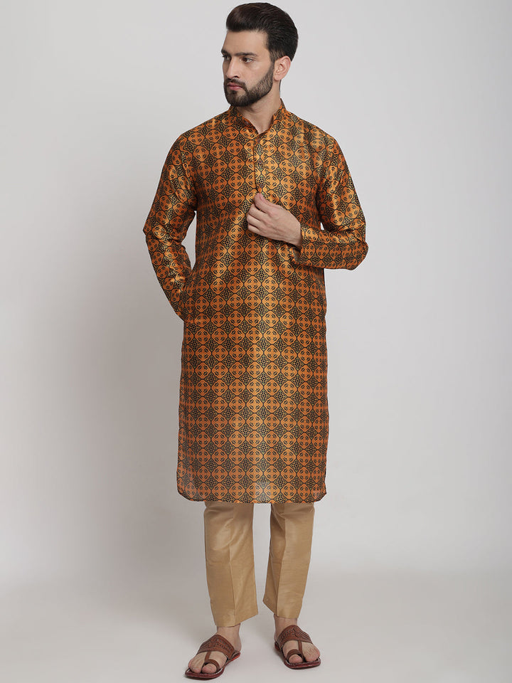 anokherang LKurtas Copy of Mustard Printed Silk Men Kurta Pajama