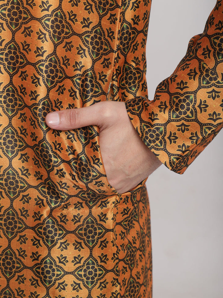 anokherang LKurtas Copy of Mustard Printed Silk Men Kurta Pajama