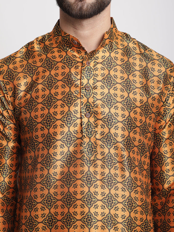 anokherang LKurtas Mustard Printed Silk Men Kurta