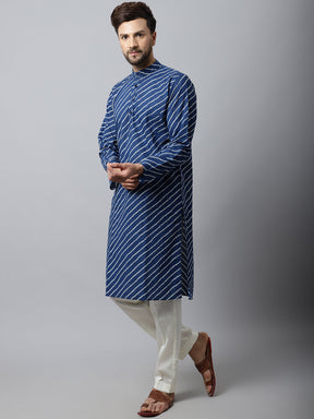 Navy Blue Bandhani Printed Kurta with Neck Embroidery and Brocade Lace