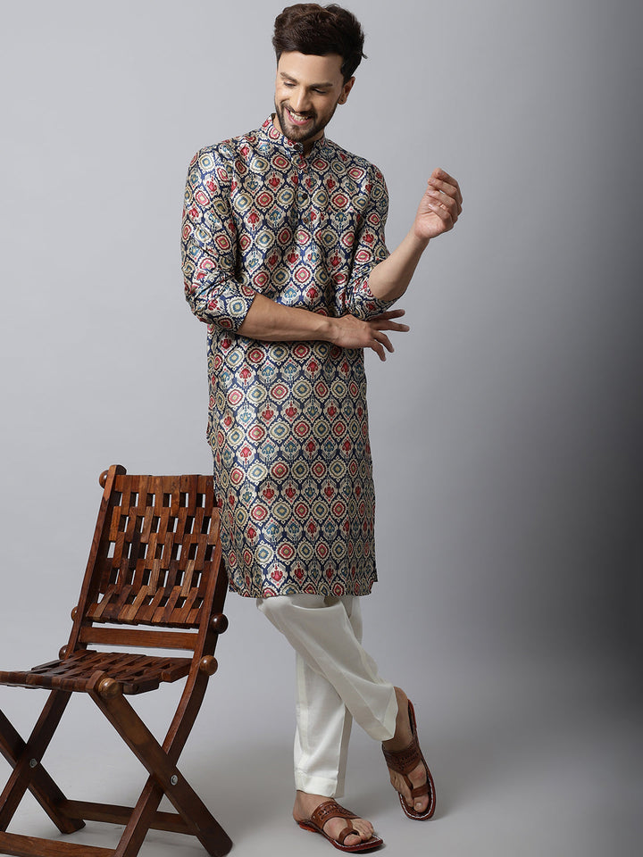 anokherang LKurtas Navy Blue Silk Men Kurta Pajama Couple Matching Dress