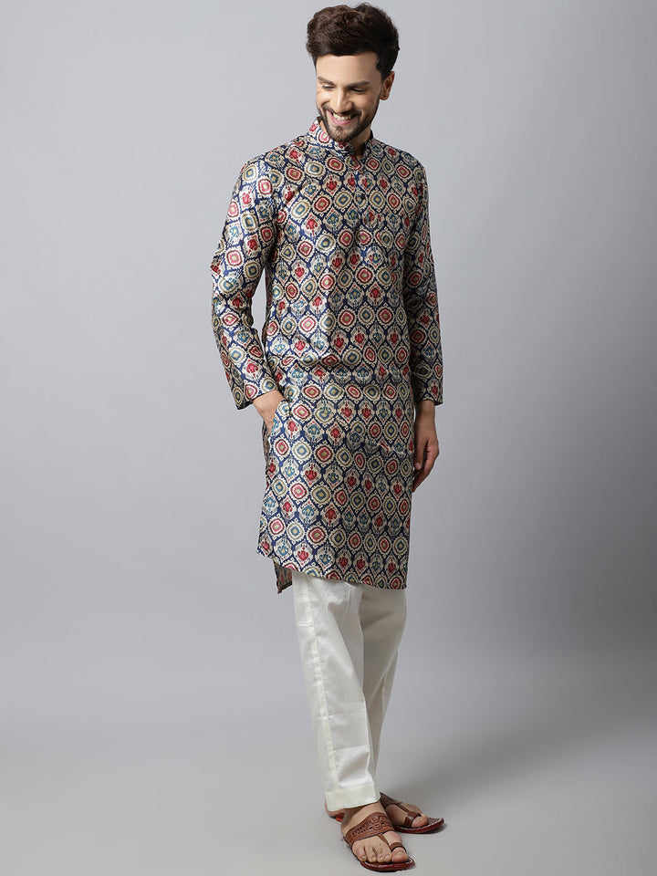 anokherang LKurtas Navy Blue Silk Men Kurta Pajama Couple Matching Dress