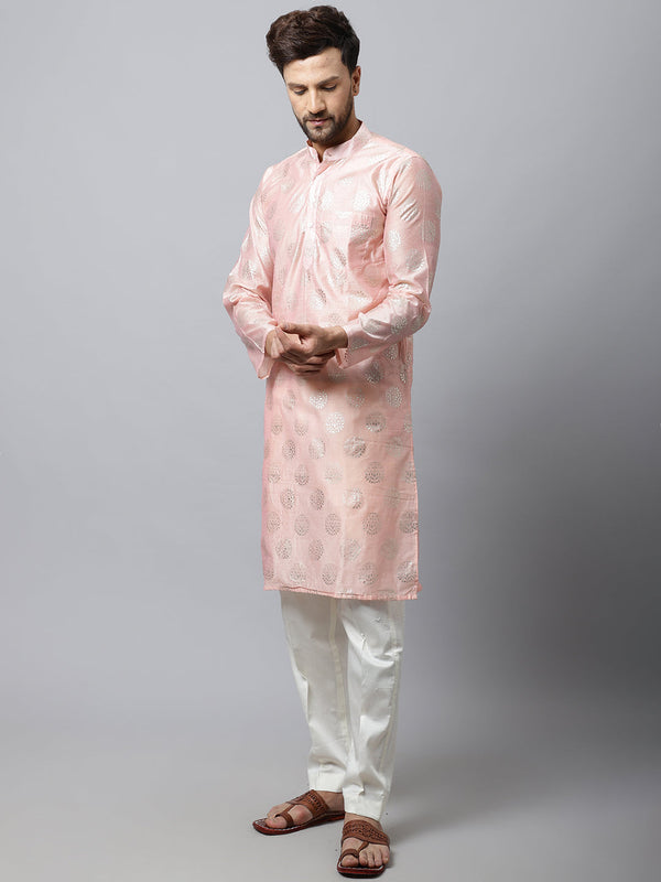 anokherang LKurtas Pink Foil Chanderi Men Kurta Pajama Couple Matching Dress