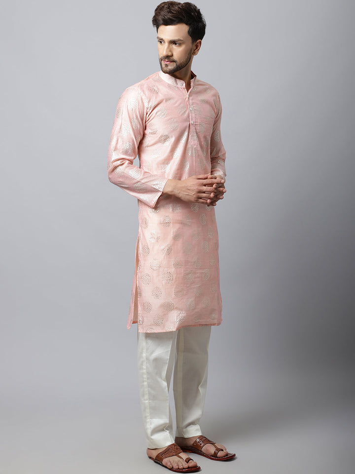 anokherang LKurtas Pink Foil Chanderi Men Kurta Pajama Couple Matching Dress