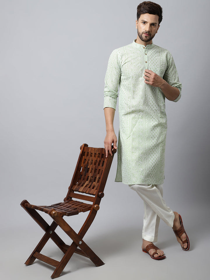 anokherang LKurtas Pista Green Chikankari Mens Kurta