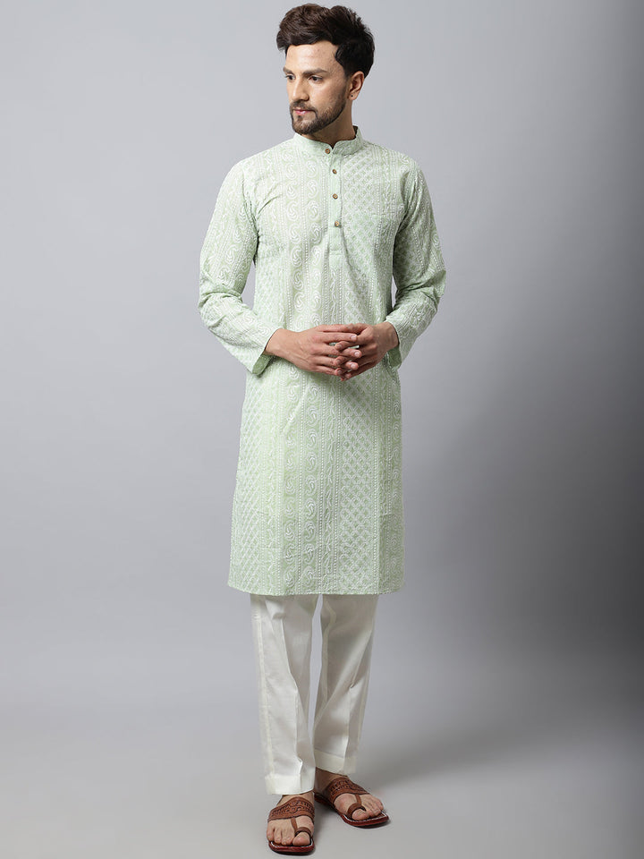 anokherang LKurtas Pista Green Chikankari Mens Kurta