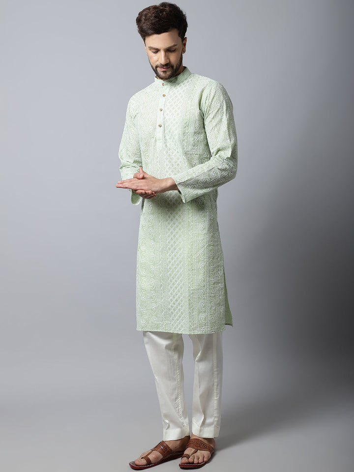 anokherang LKurtas Pista Green Chikankari Mens Kurta