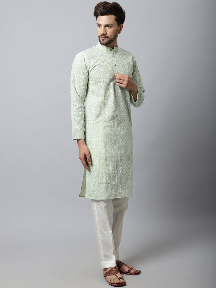 anokherang LKurtas Pista Green Chikankari Mens Kurta