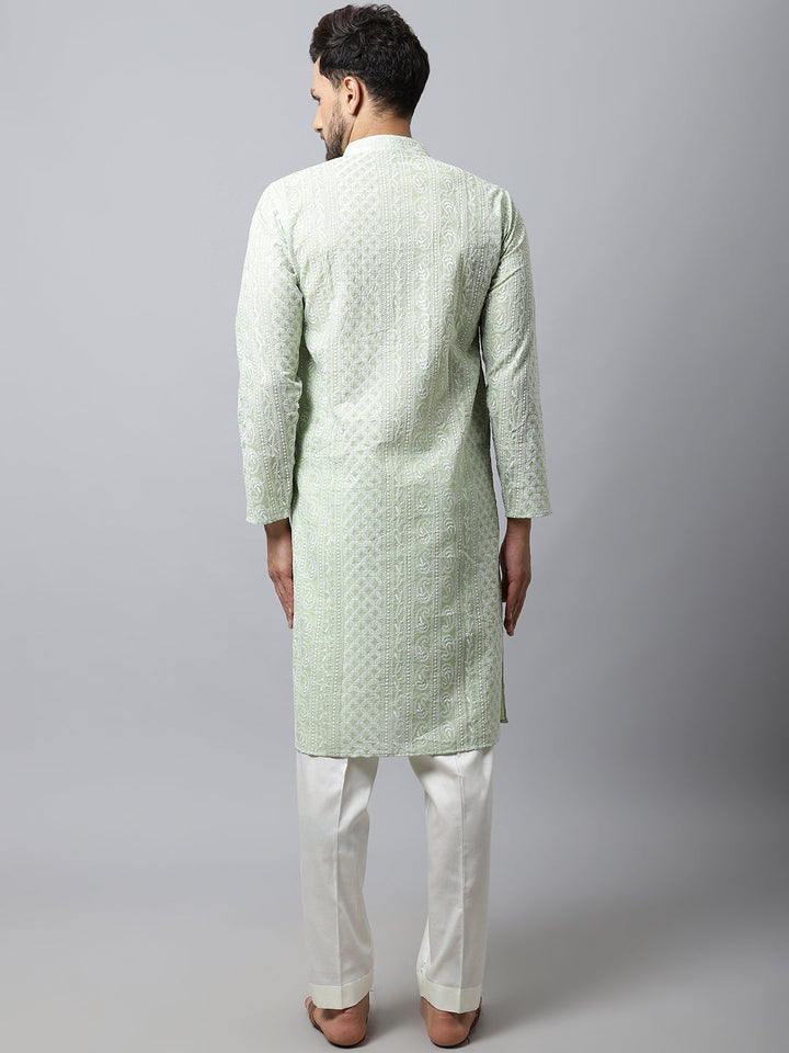 anokherang LKurtas Pista Green Chikankari Mens Kurta