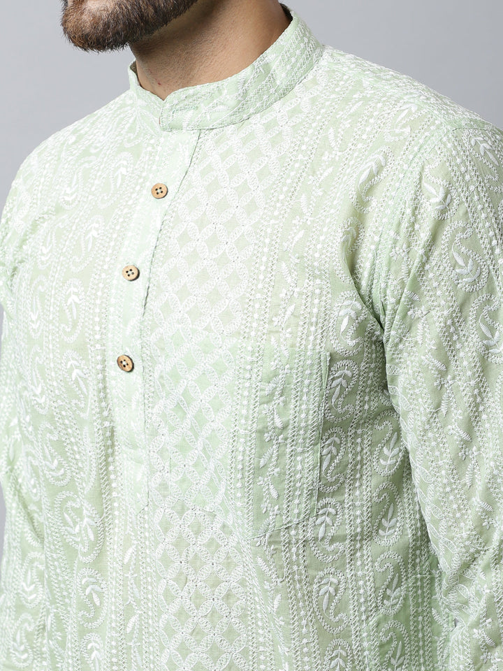 anokherang LKurtas Pista Green Chikankari Mens Kurta