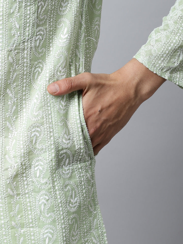 anokherang LKurtas Pista Green Chikankari Mens Kurta