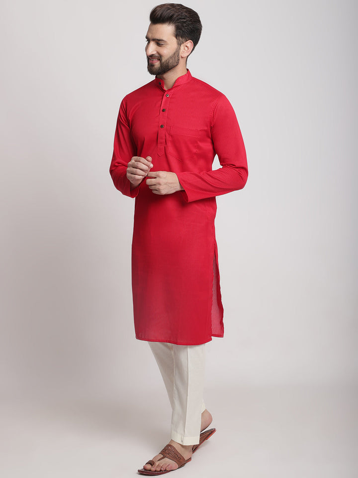 anokherang LKurtas Red Self Ribbed Cotton Men Kurta Pajama