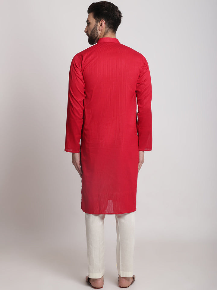 anokherang LKurtas Red Self Ribbed Cotton Men Kurta Pajama