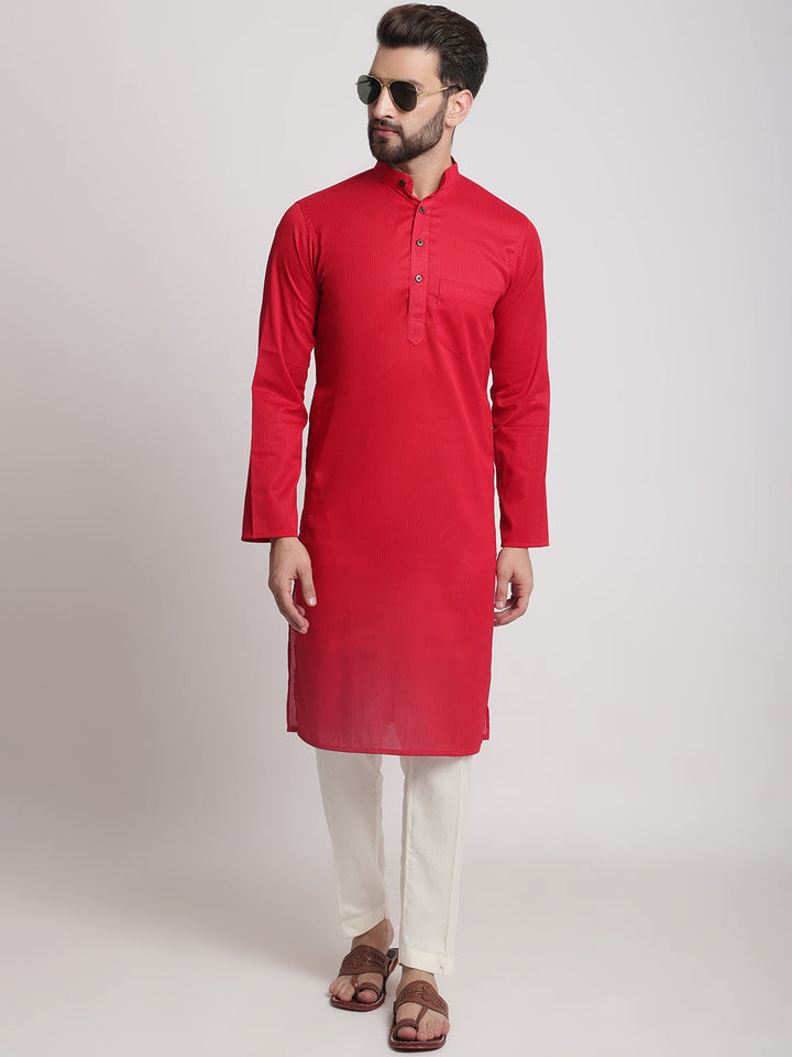 anokherang LKurtas Red Self Ribbed Cotton Men Kurta Pajama